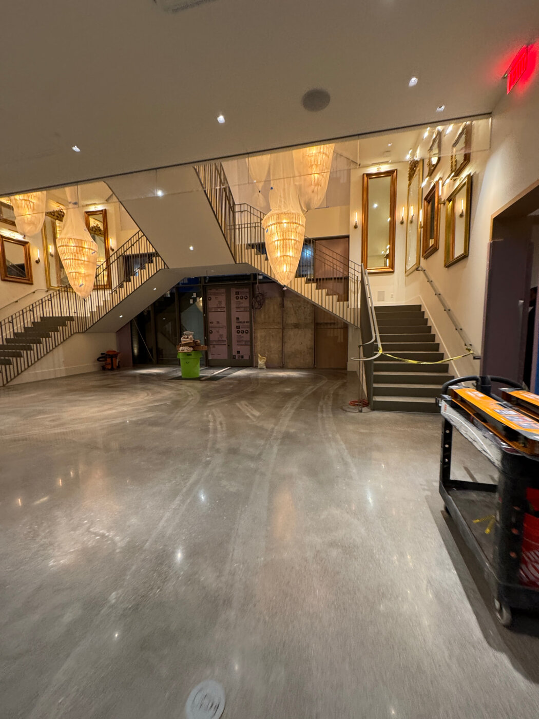 Lobby and stairwell chandelier installation
